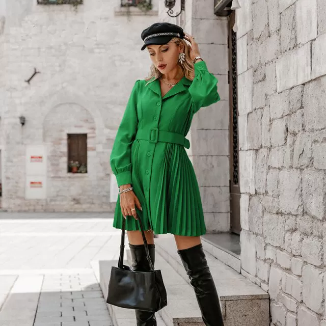 Office lady notched button pleated blazer dress women Lantern sleeves A-line belt mini dresses Female solid vestido 2021