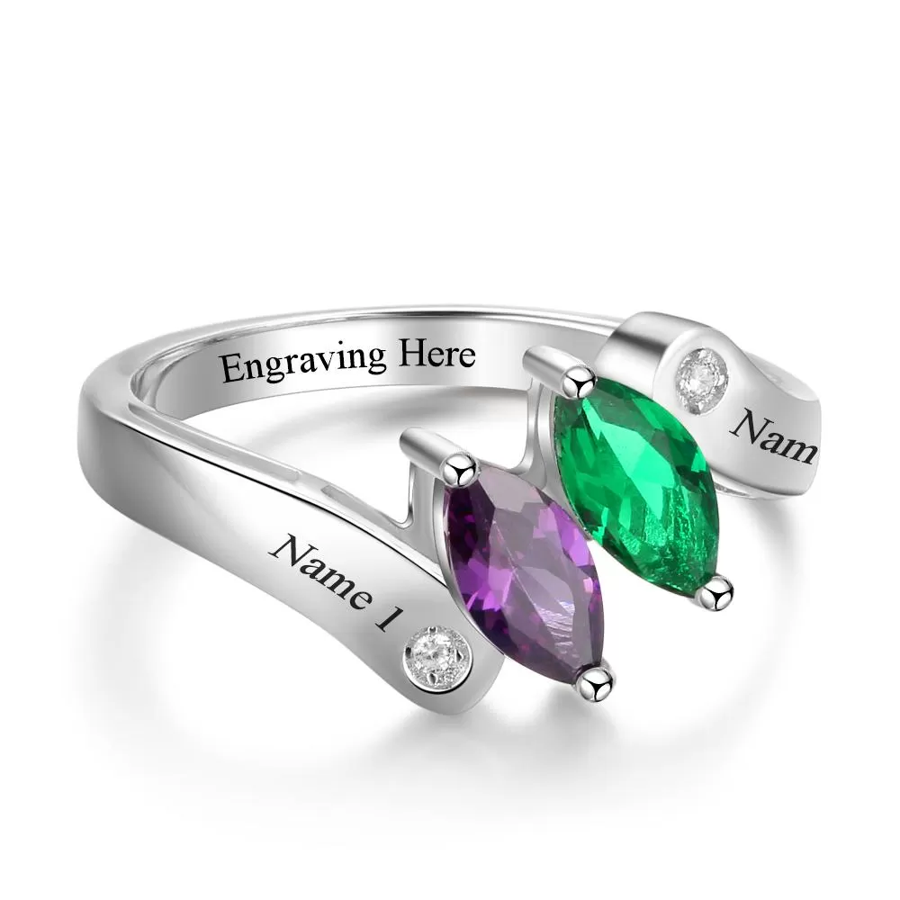 Personalized Mother's Ring 2 Marquis Dual Birthstones 2 Engraved Names