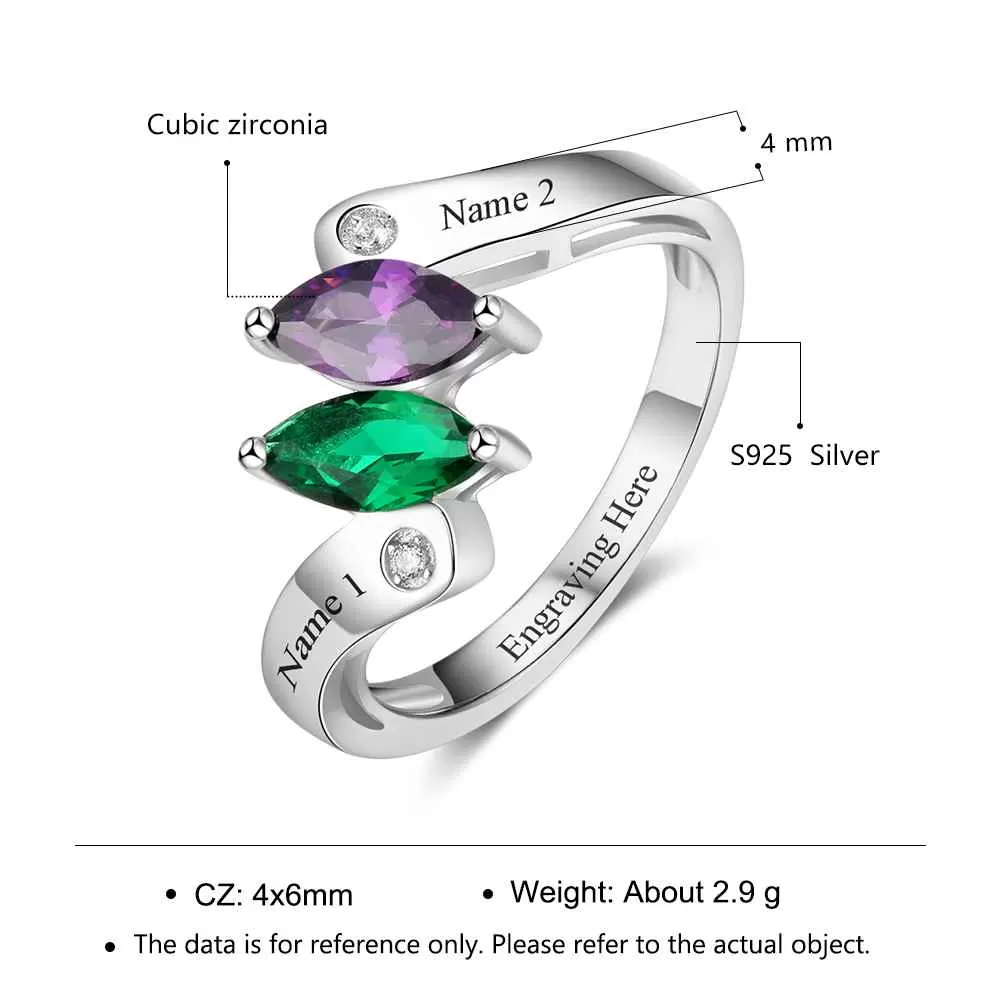 Personalized Mother's Ring 2 Marquis Dual Birthstones 2 Engraved Names