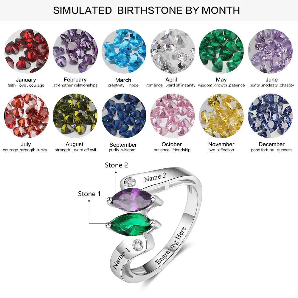 Personalized Mother's Ring 2 Marquis Dual Birthstones 2 Engraved Names