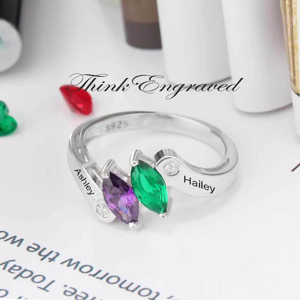 Personalized Mother's Ring 2 Marquis Dual Birthstones 2 Engraved Names