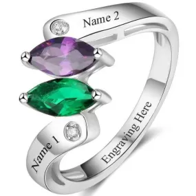 Personalized Mother's Ring 2 Marquis Dual Birthstones 2 Engraved Names