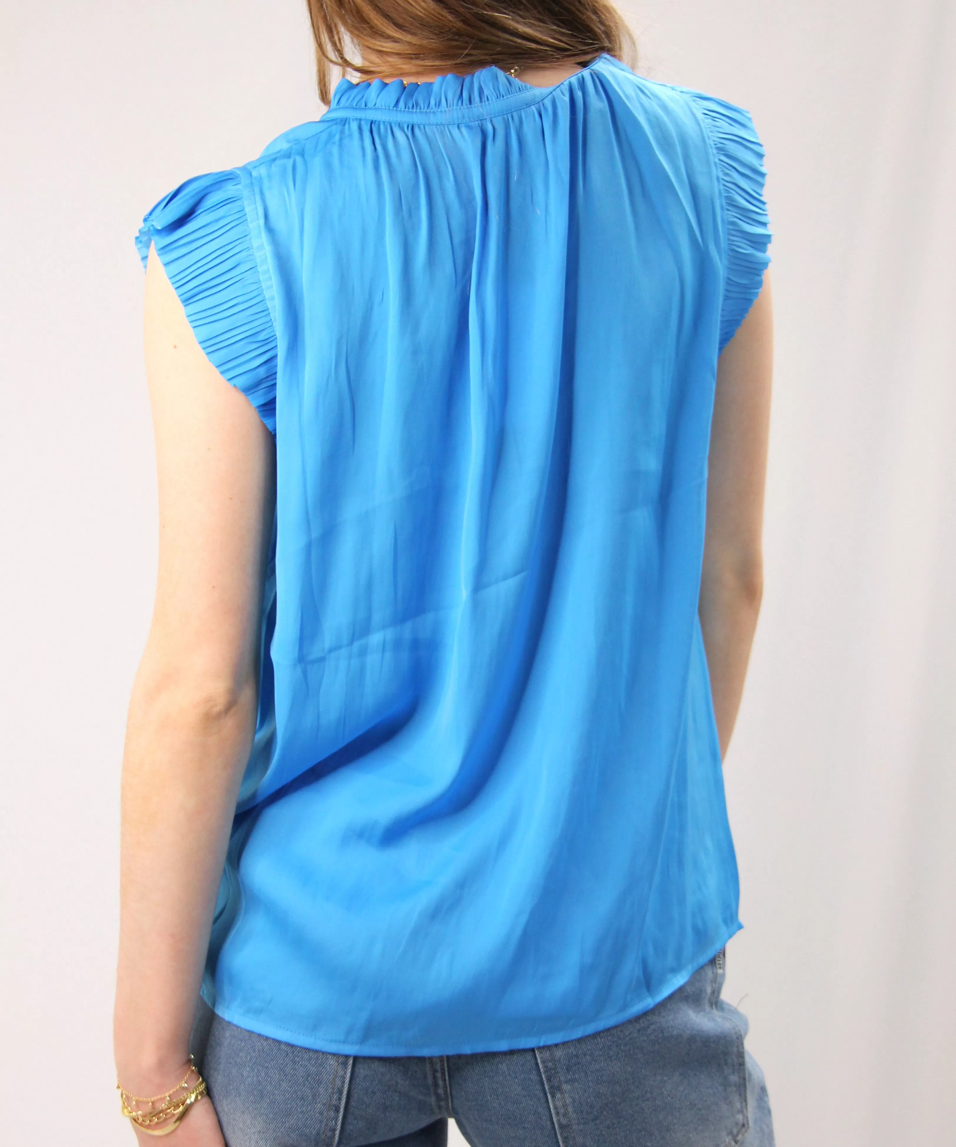 Pleated Short Sleeve Blouse - Tranquil Blue