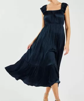 Pleated Square Neck Dress - Navy