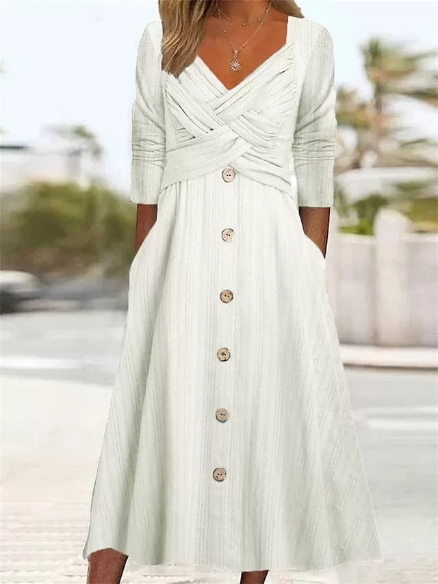 Pleated V Neck Midi Dress with Button Up and Ruched Detail in White, Purple, and Green