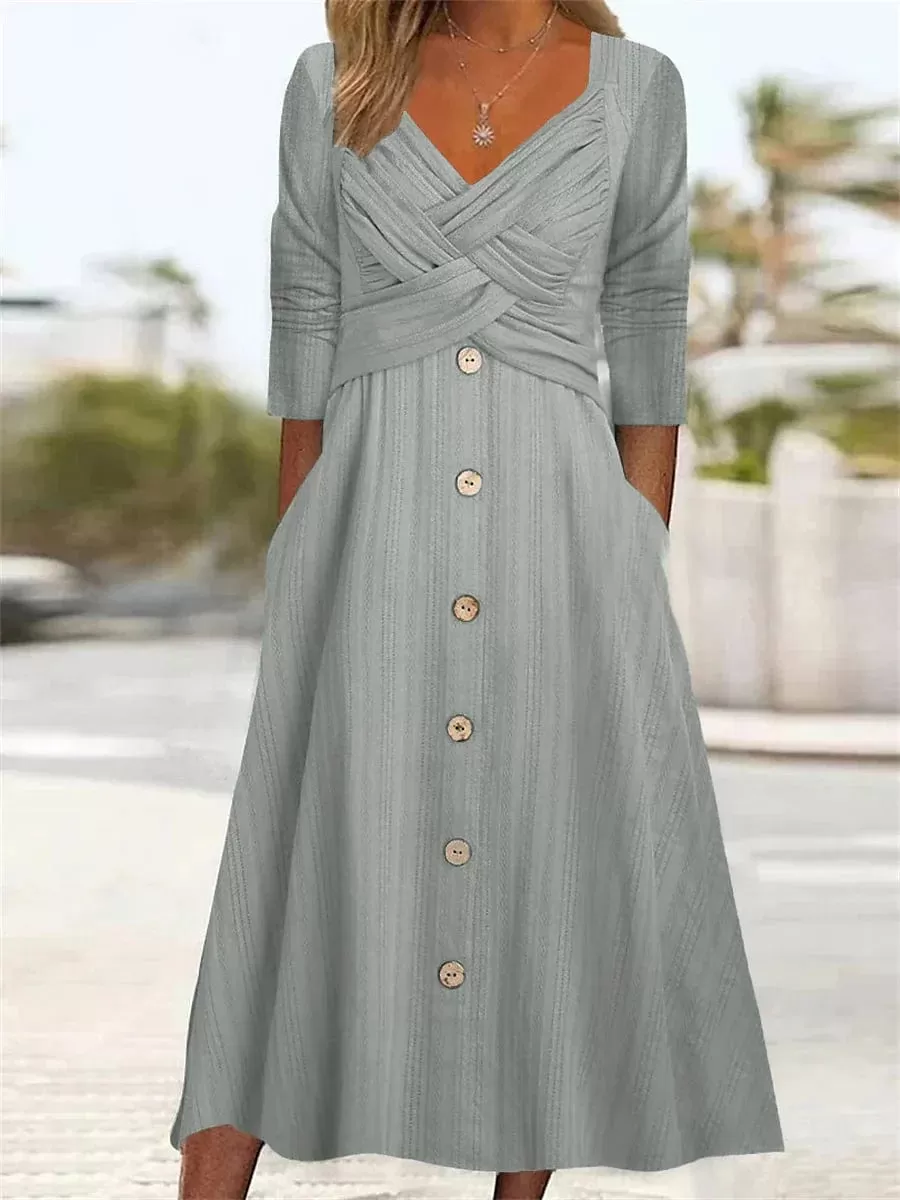 Pleated V Neck Midi Dress with Button Up and Ruched Detail in White, Purple, and Green