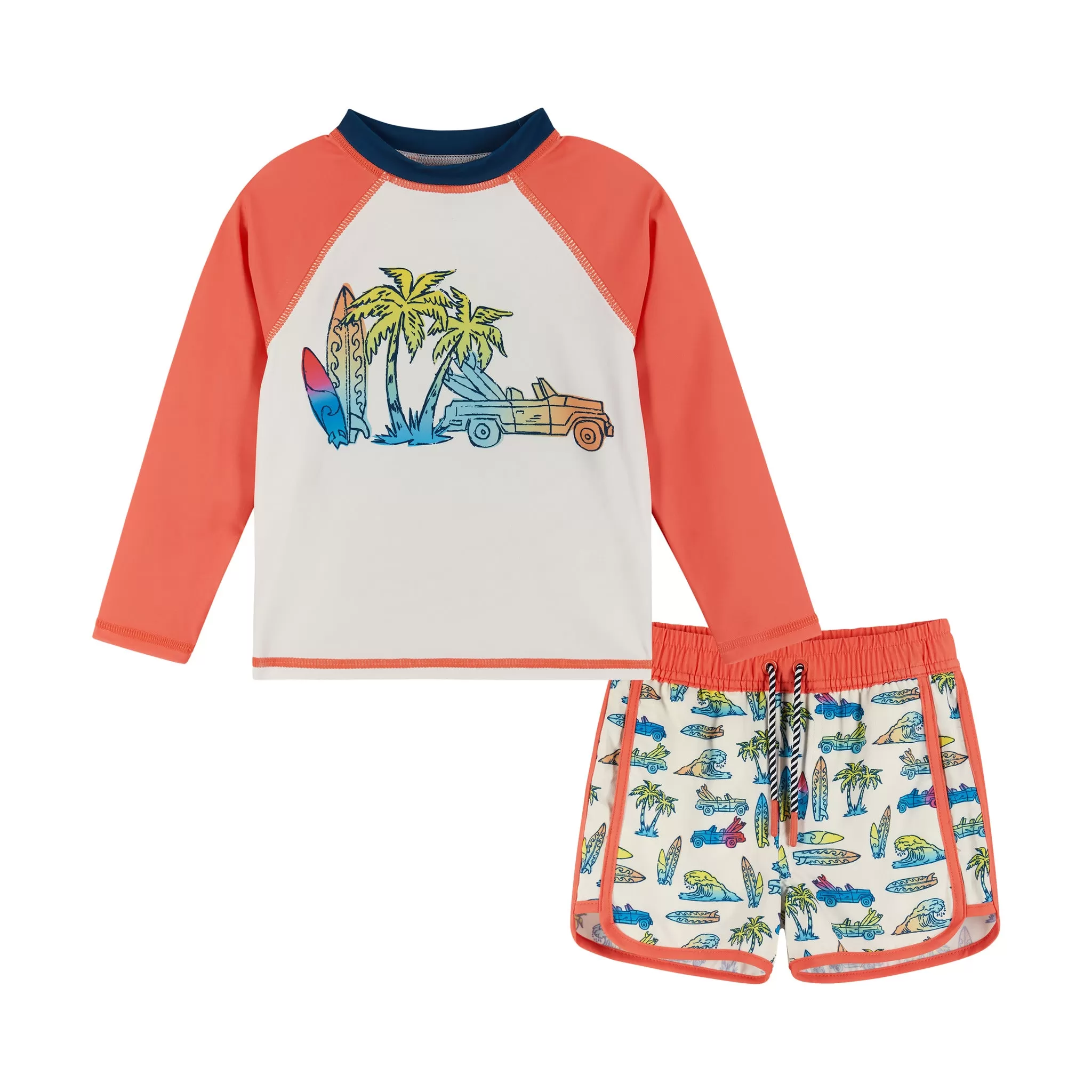 Raglan Rashguard and Boardshort | Retro Beach Scene Graphic