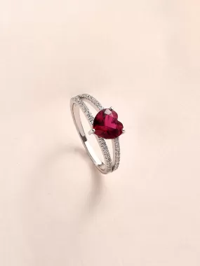 Red Ruby And American Diamond Heart Shape Ring In 925 Silver