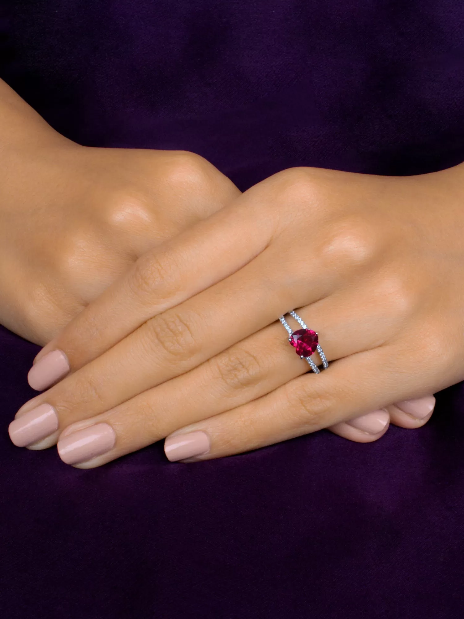 Red Ruby And American Diamond Heart Shape Ring In 925 Silver