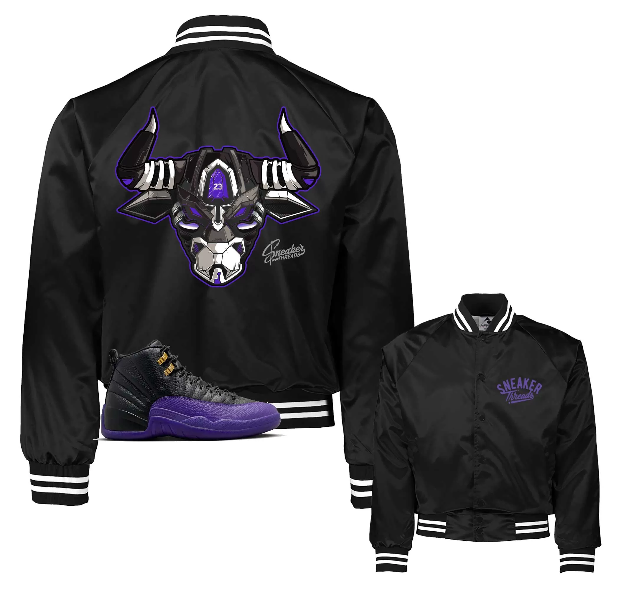 Retro 12 Field Purple Satin Jacket - War Bully - Black