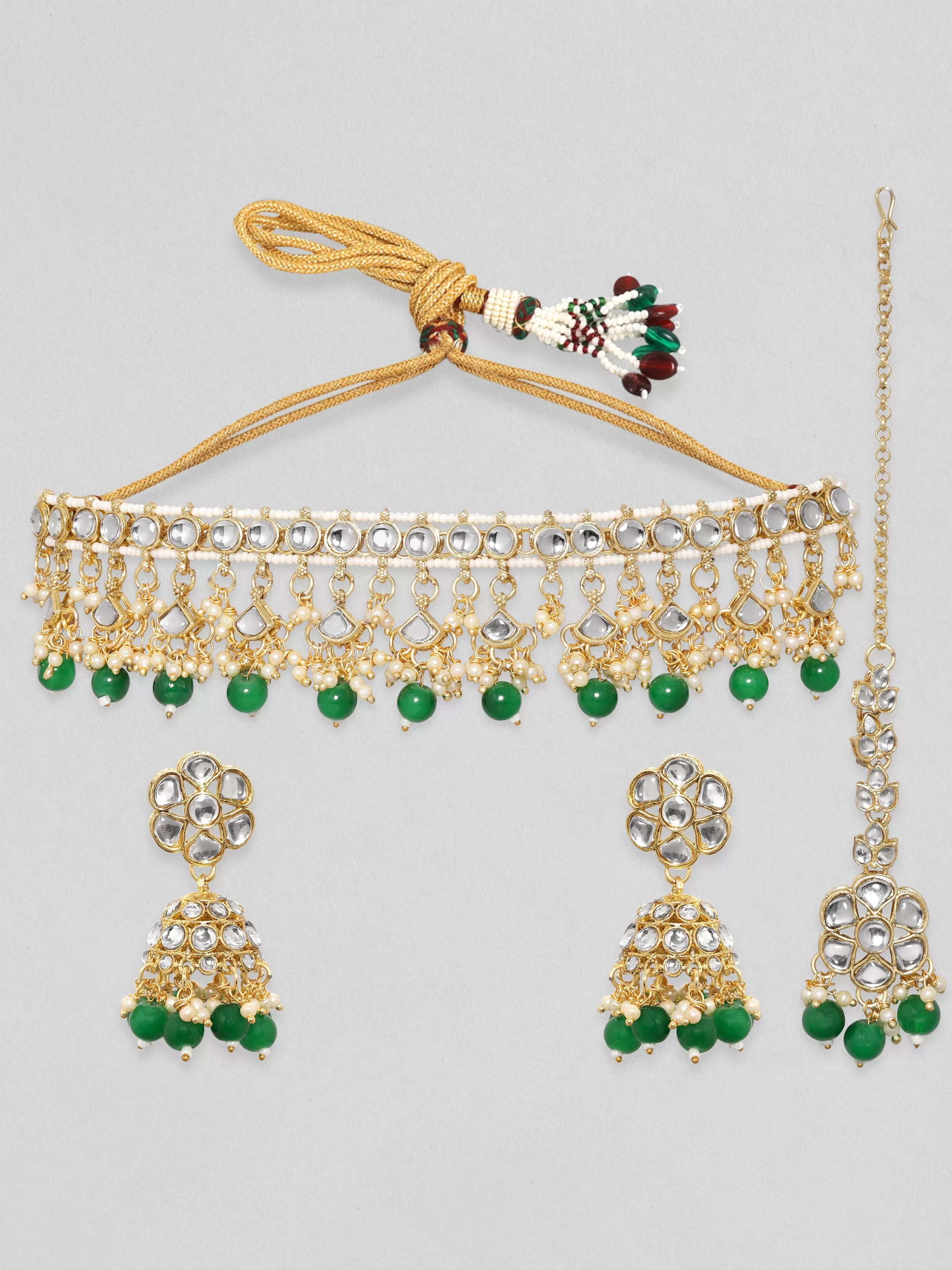 Rubans 24K Gold Plated Kundan Studded Green Beaded Jewellery Set