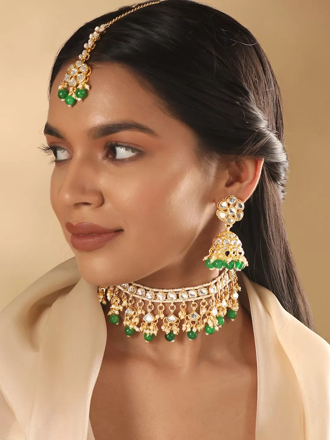 Rubans 24K Gold Plated Kundan Studded Green Beaded Jewellery Set