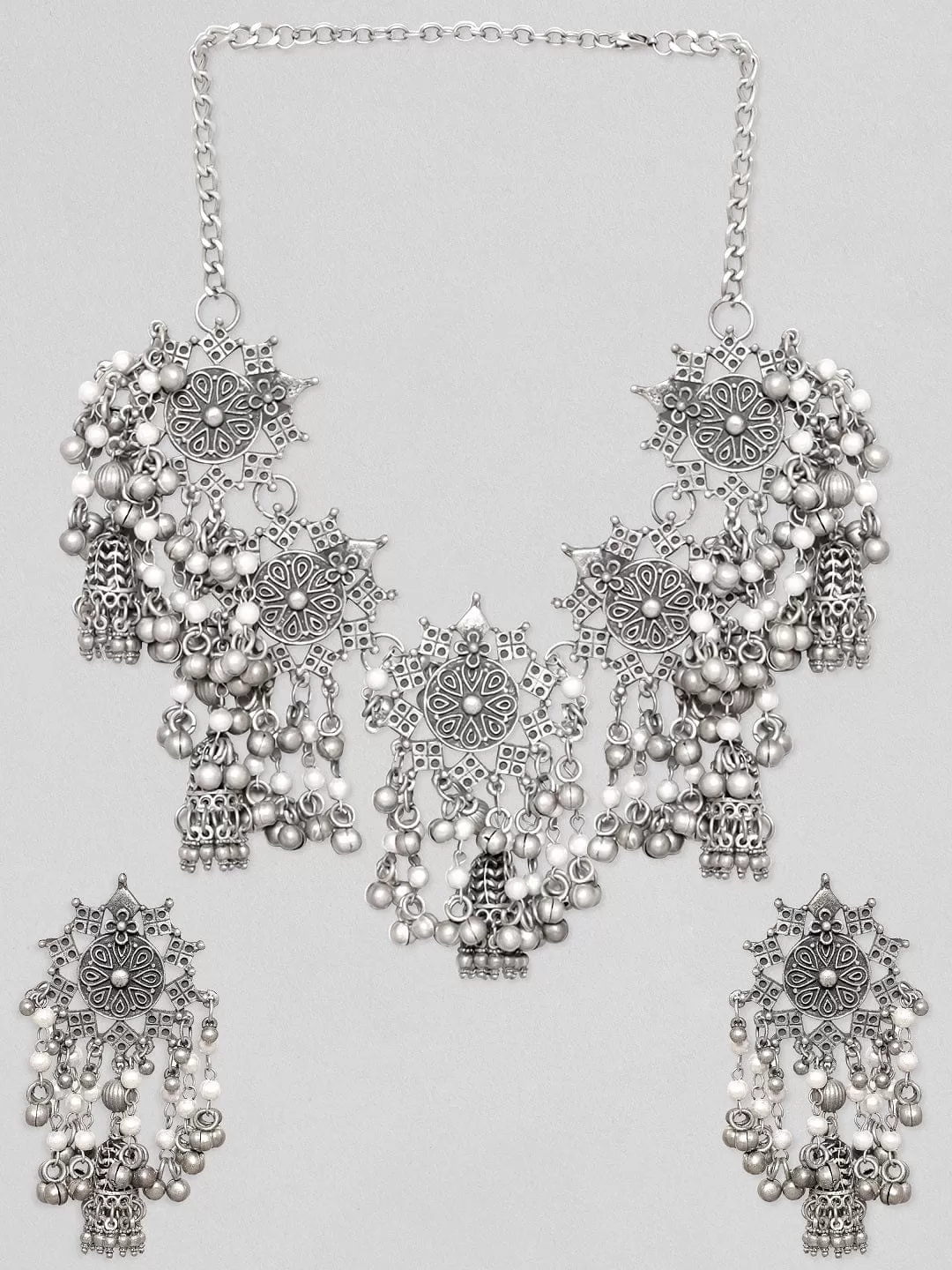 Rubans Oxidized Silver Plated Flower Design With Ghungroo Short Necklace Set