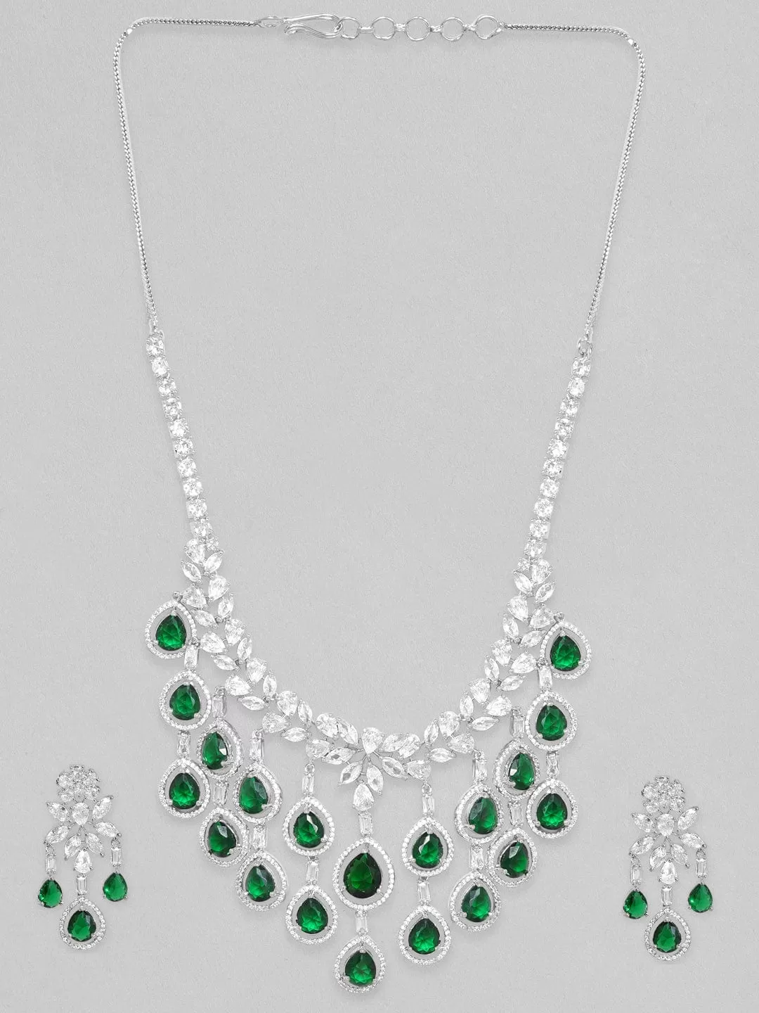 Rubans Rhodium Plated Emerlad Green Oval Zirconia Tassel Drop Silver Necklace Set.