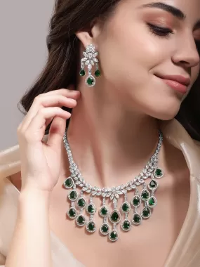 Rubans Rhodium Plated Emerlad Green Oval Zirconia Tassel Drop Silver Necklace Set.