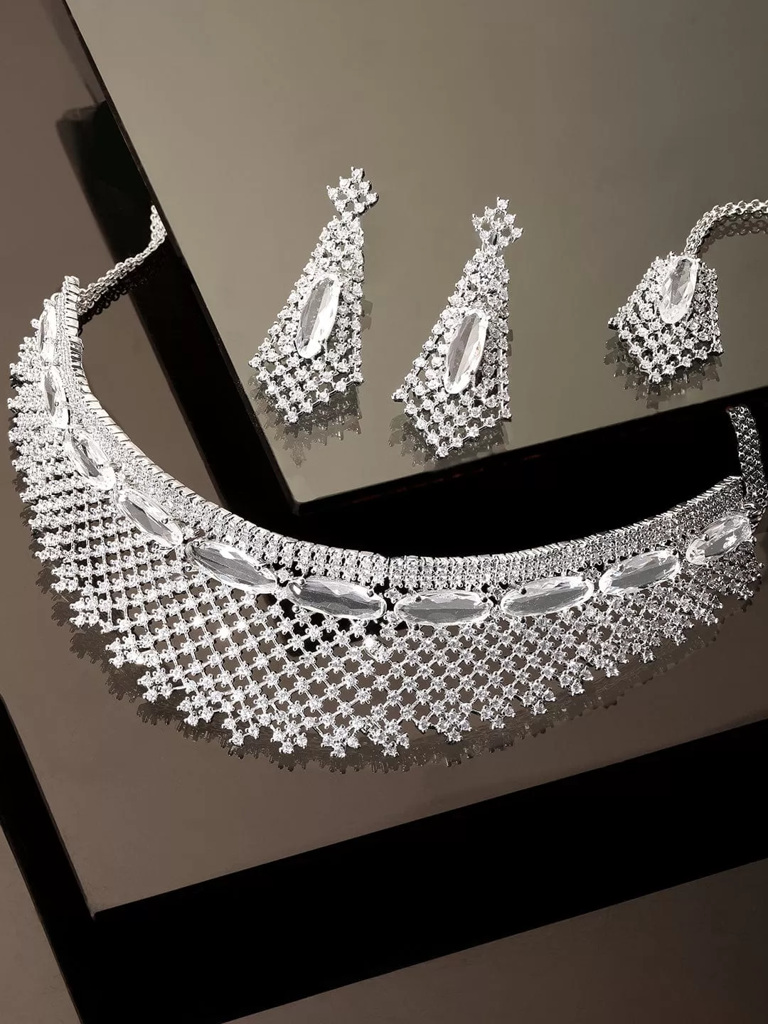 Rubans Rhodium Plated Pave Zirconia Studded Statement Choker Necklace Set