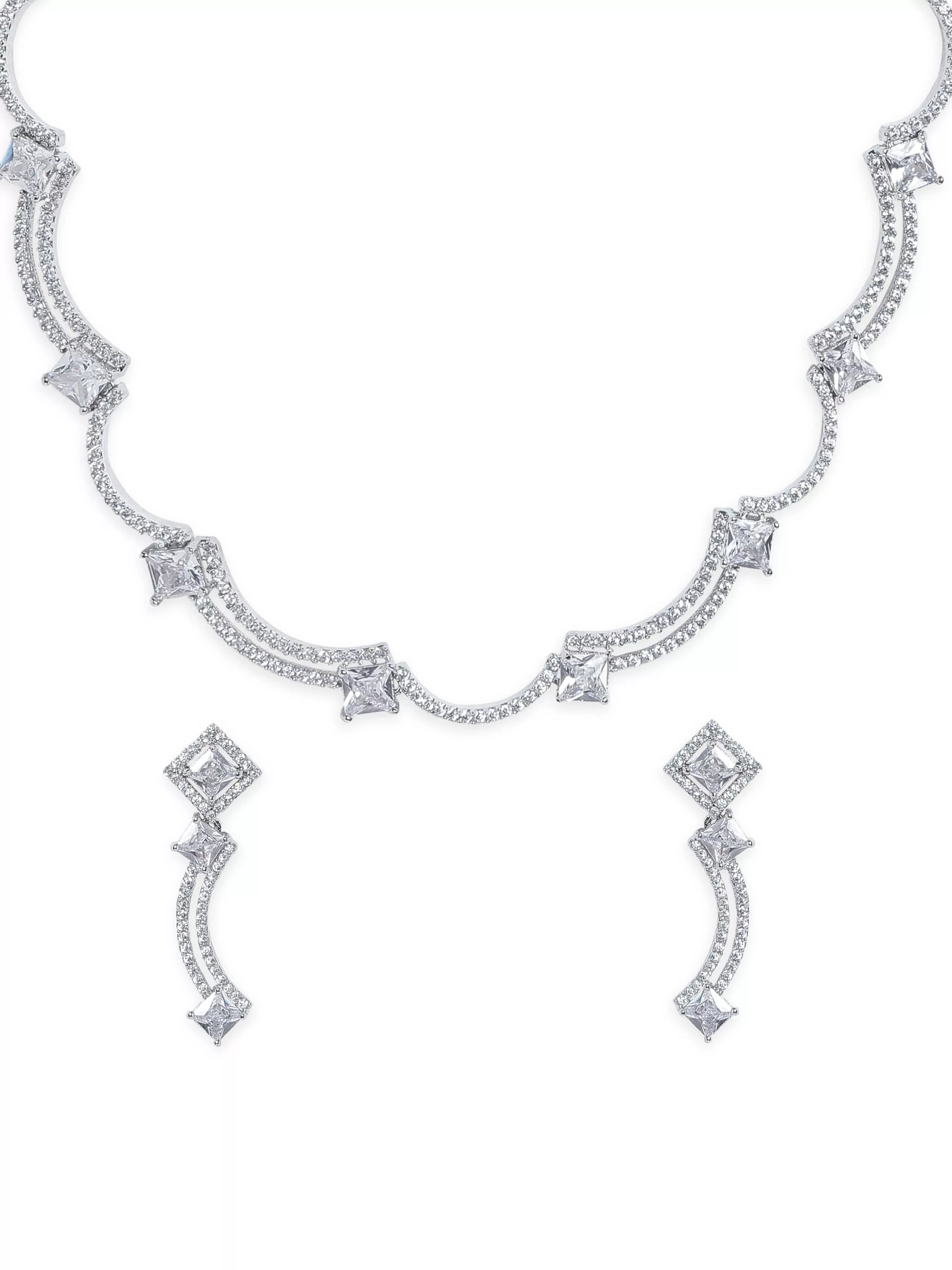 Rubans Rhodium Plated Zirconia studded Contemprory Sleek NEcklace set