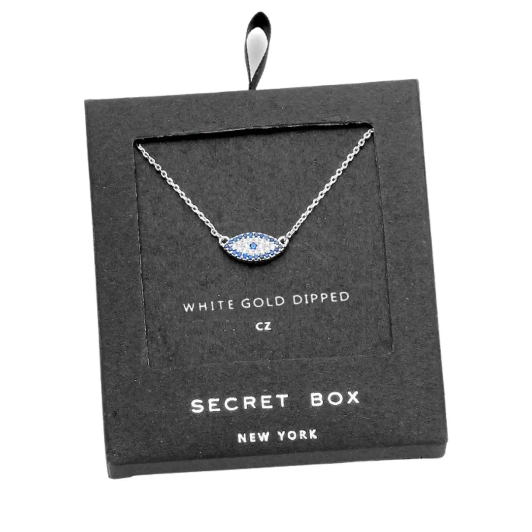 Secret Box White Gold Dipped CZ Evil Eye Pendant Necklace