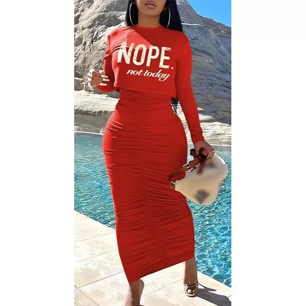 Solid Color Dress and Printed Crop Top Set