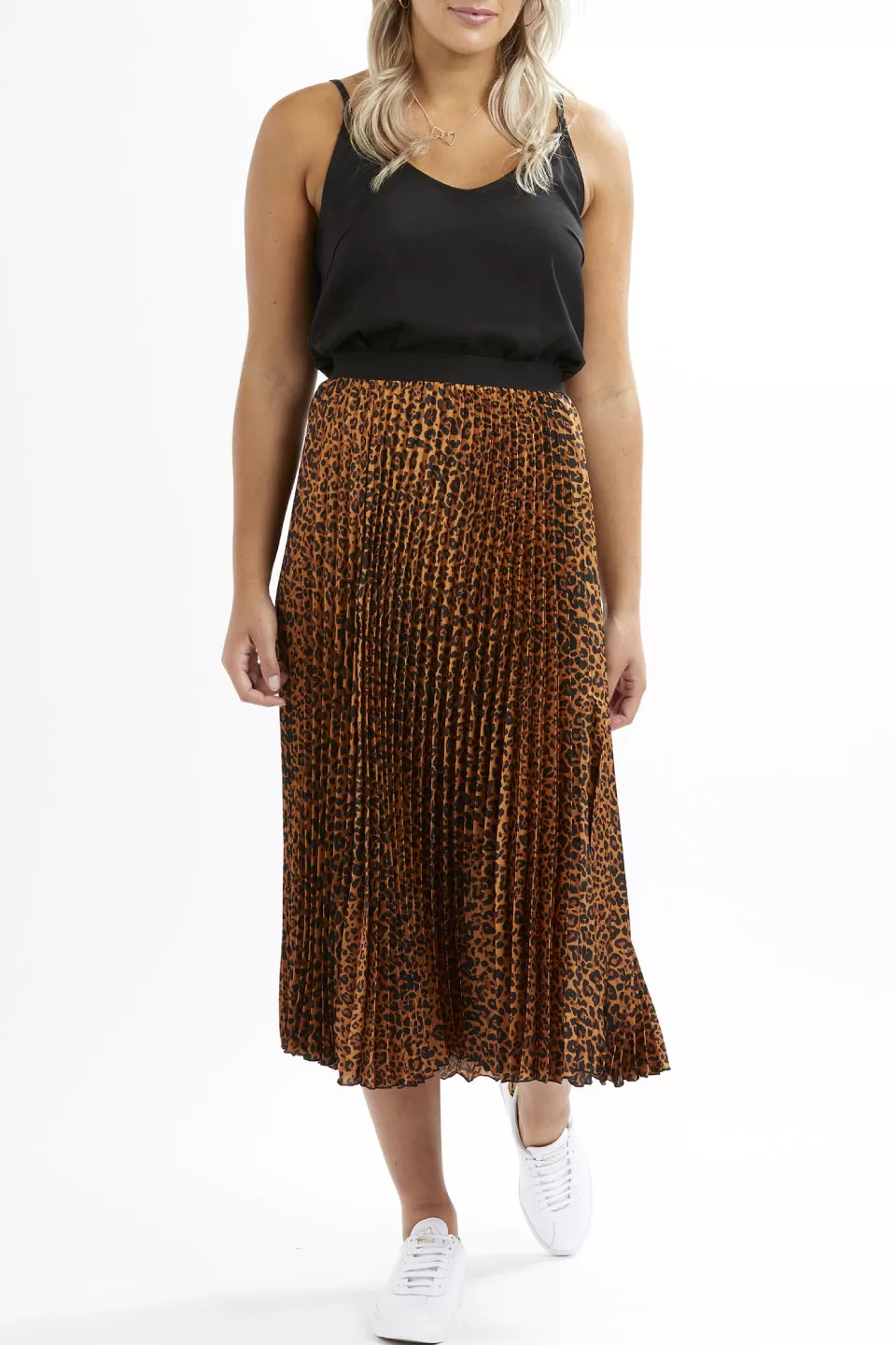 Sunray Pleated Gold Leopard Print Skirt