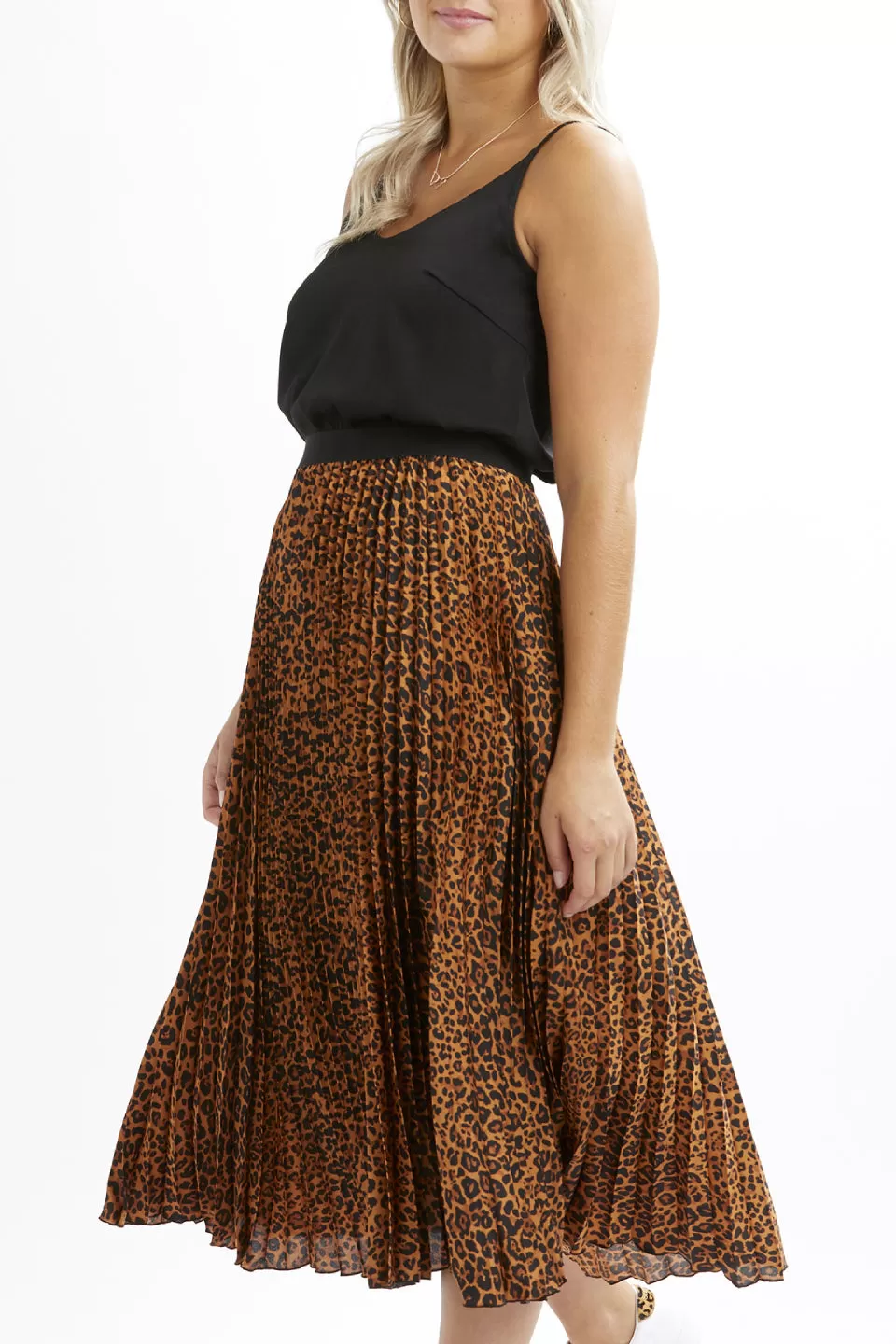 Sunray Pleated Gold Leopard Print Skirt