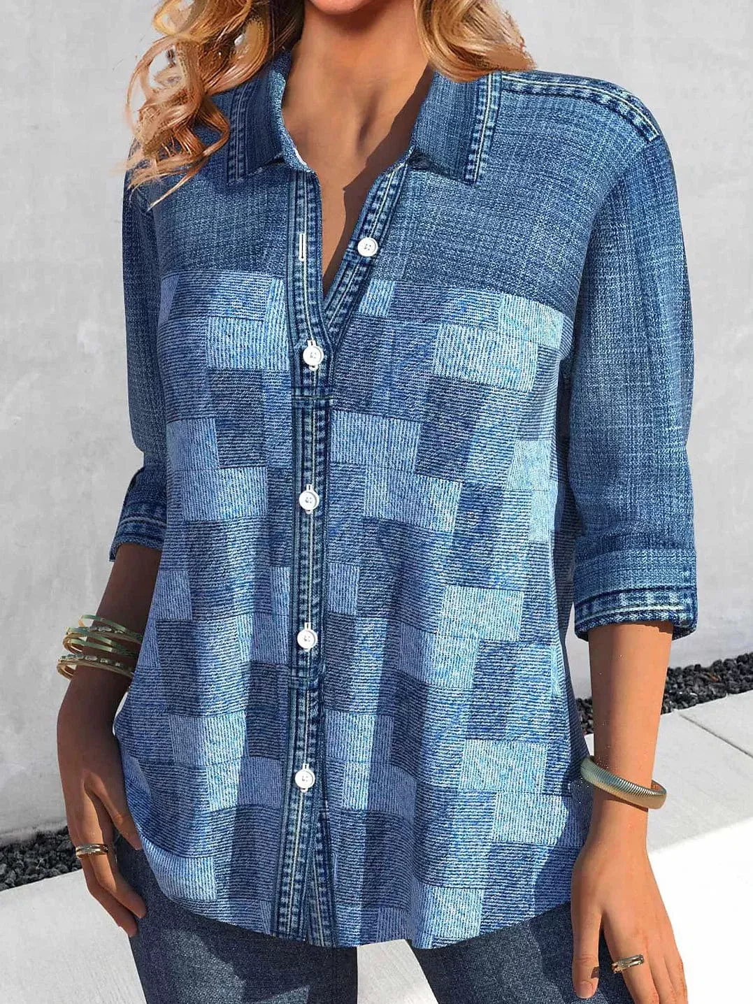 Women's Plaid Print Button-Up Shirt Blouse in Yellow, Blue, and Purple