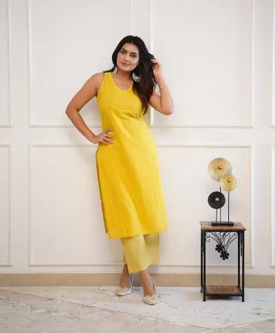 Yellow Cotton Handloom Katha Work  Kurti Palazzo Set